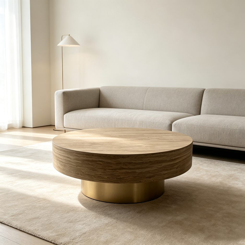 31.88 Inch Round Travertine Coffee Table with MDF Base - Beige
