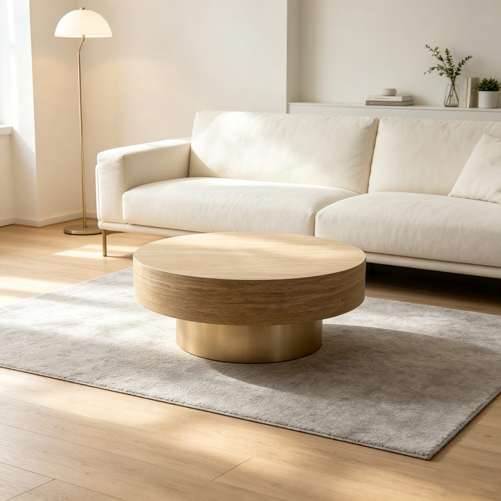 31.88 Inch Round Travertine Coffee Table with MDF Base - Beige