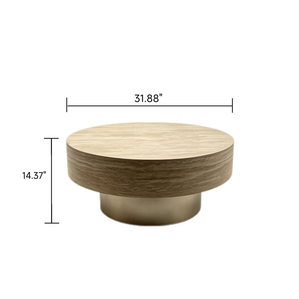 31.88 Inch Round Travertine Coffee Table with MDF Base - Beige