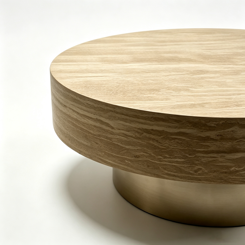 31.88 Inch Round Travertine Coffee Table with MDF Base - Beige
