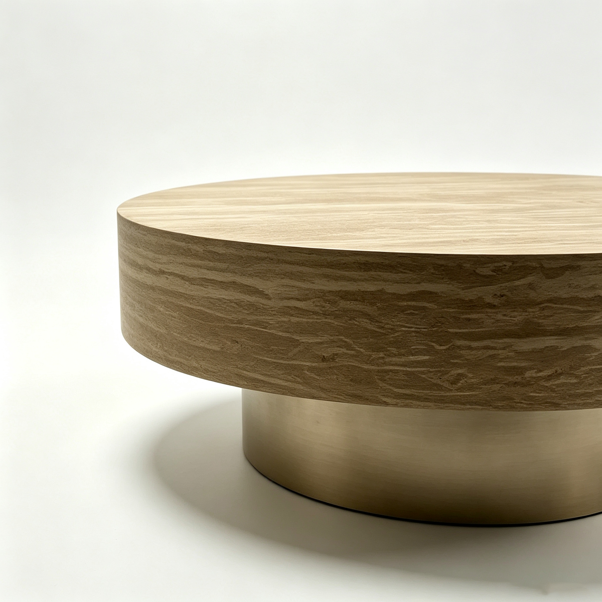 31.88 Inch Round Travertine Coffee Table with MDF Base - Beige