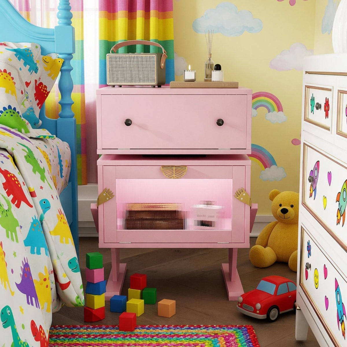 Robot LED Nightstand with 360° Rotating Drawer - White, Pink, or Green