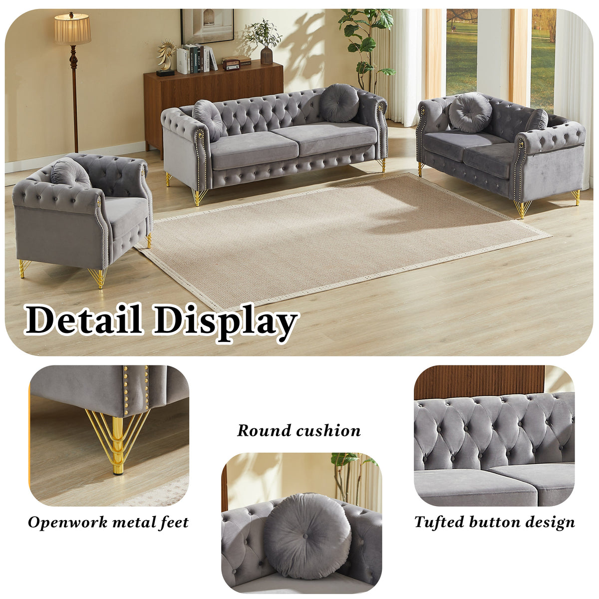 82-Inch Velvet Chesterfield Sofa with Gold Accents - Velvet