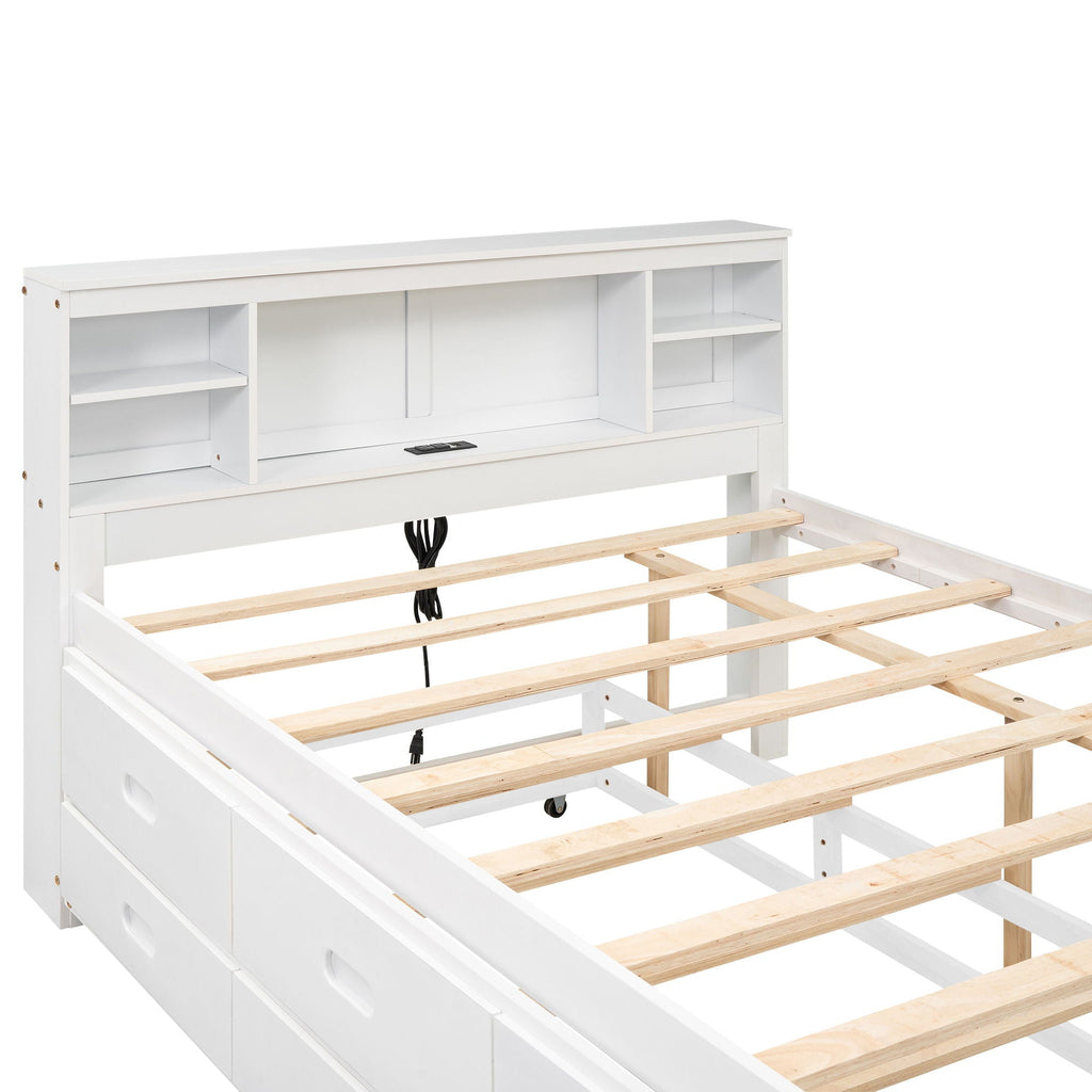 Platform Bed with Storage Headboard, USB, Trundle & 3 Drawers - Twin or Full