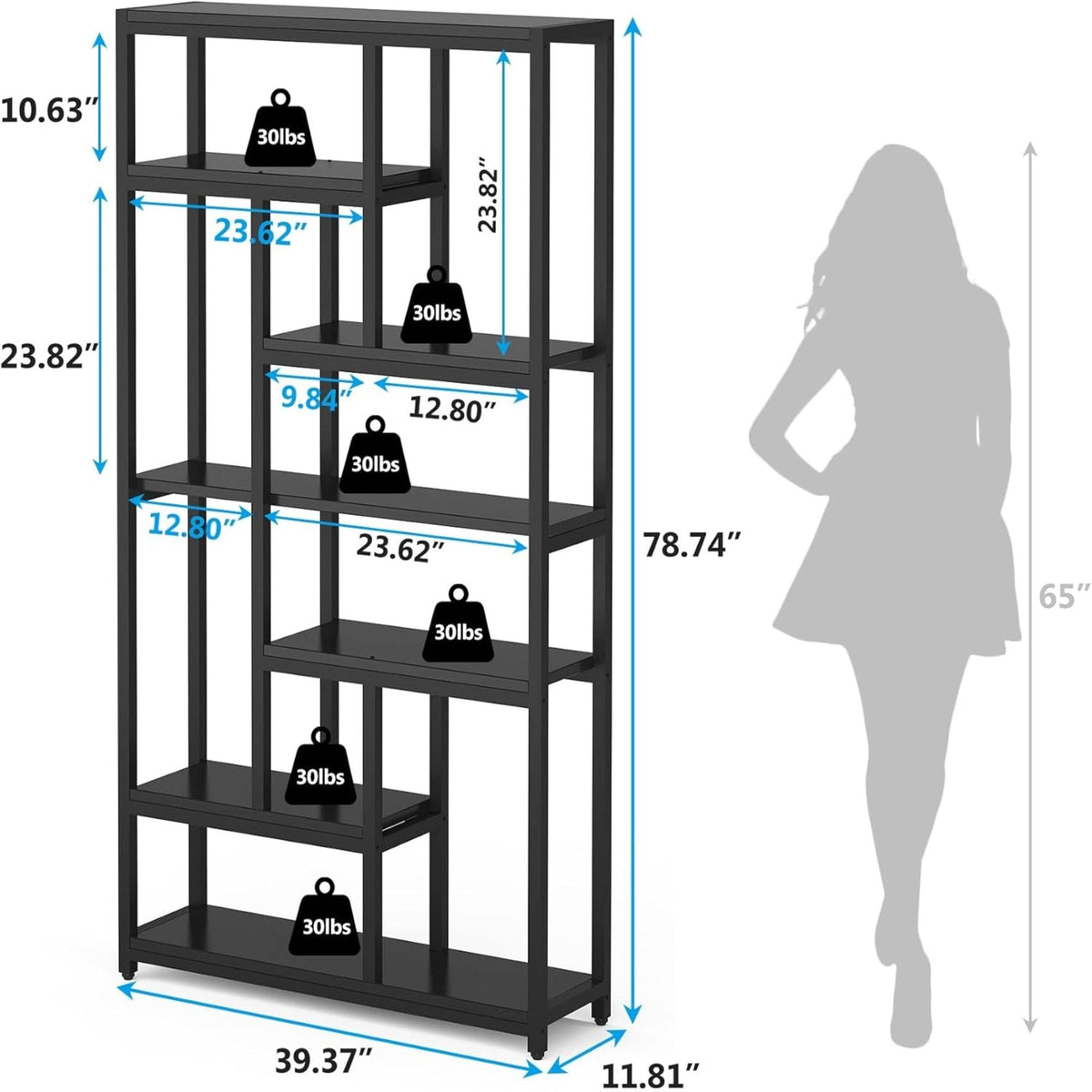 Extra Tall 7 Tier Industrial Etagere Bookcase with 10 Shelves Organizer - Dark Brown or Black