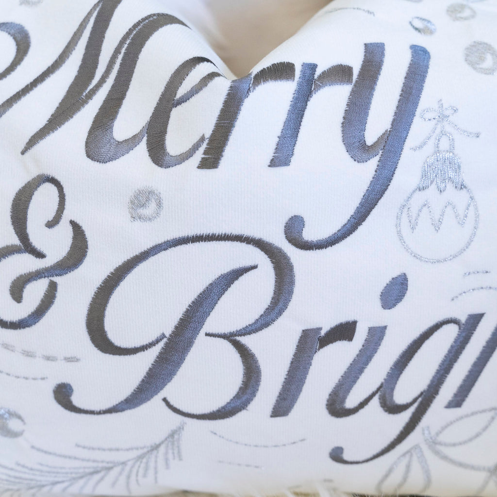 Merry & Bright Christmas Throw Pillow with Silver Embroidery - White+Silver