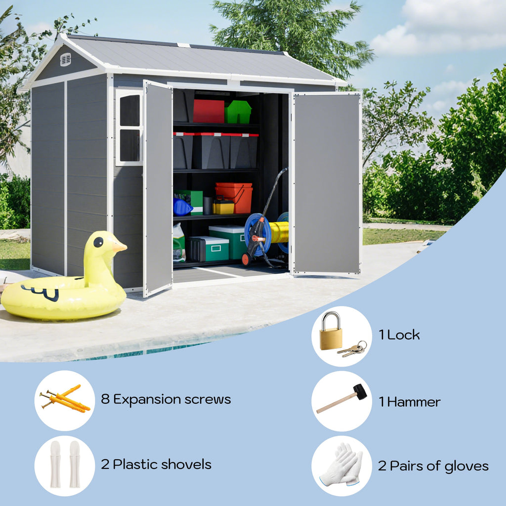 Plastic Utility Shed 8x6 ft with Floor – Lockable Storage Shed - Gray-White