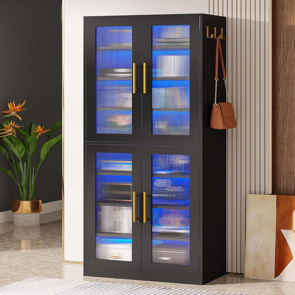 Bookcase With Doors and LED Lighting with Adjustable Shelves - Black, Gray, White