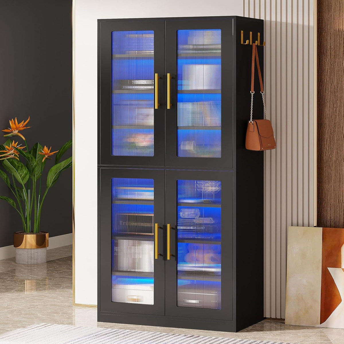 Bookcase With Doors and LED Lighting with Adjustable Shelves - Black, Gray, White