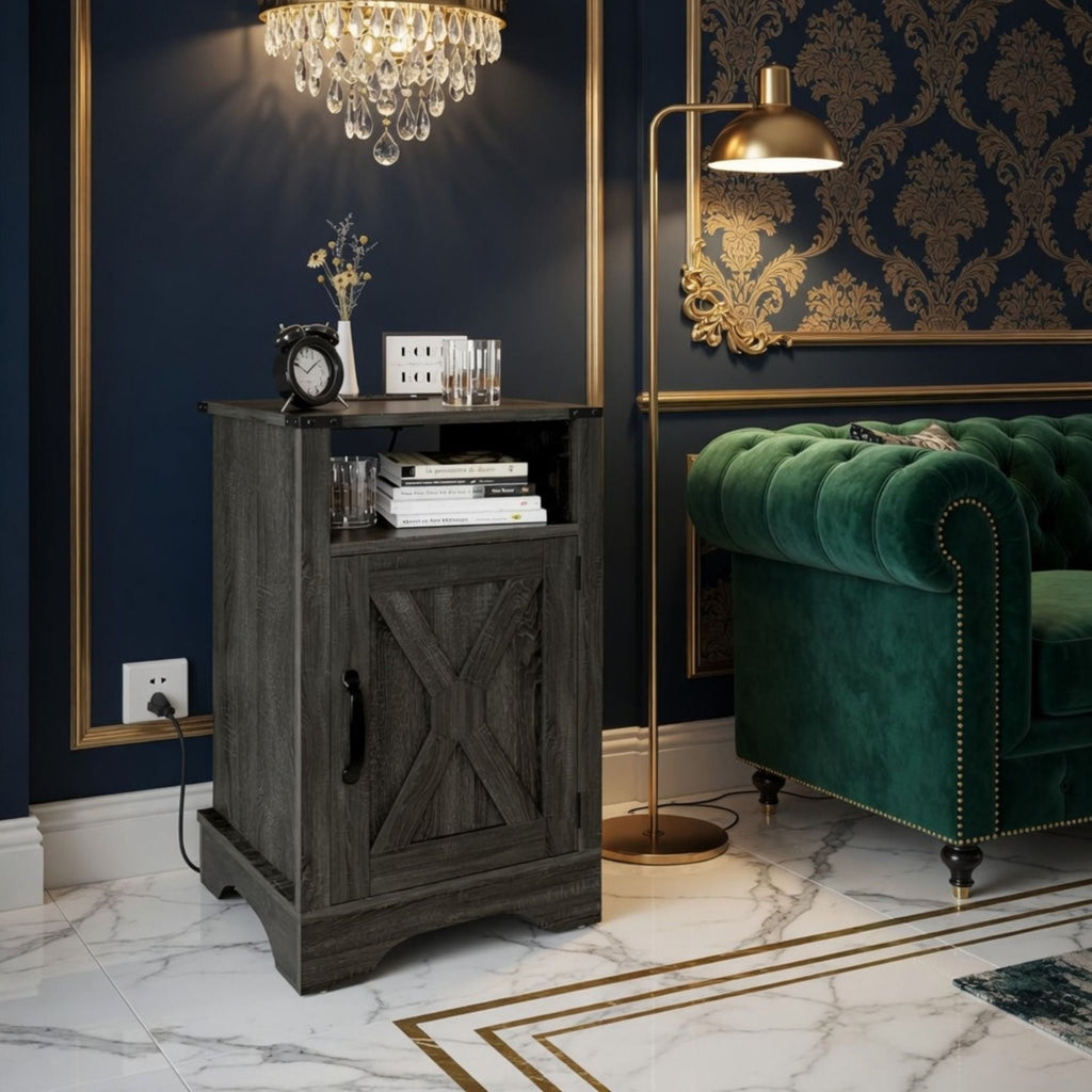 Farmhouse Nightstand with Charging Station & Storage - Multiple Colors