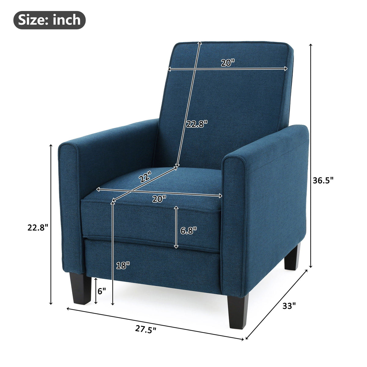 Upholstered Push Back Recliner Chair with Adjustable Recline - Multiple Colors