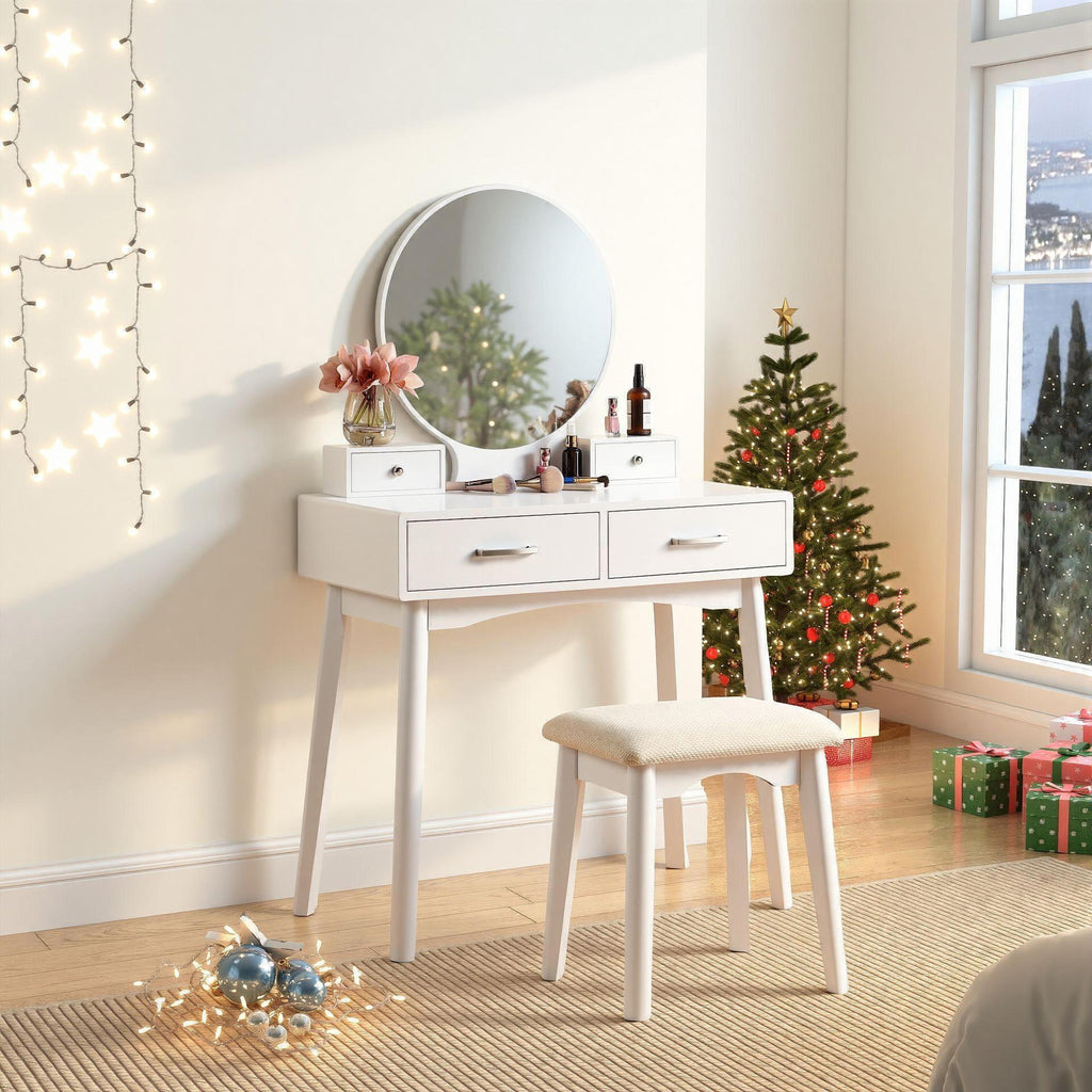 Liannon Contemporary Wood Vanity and Stool Set with Storage Drawers - Natural Wood