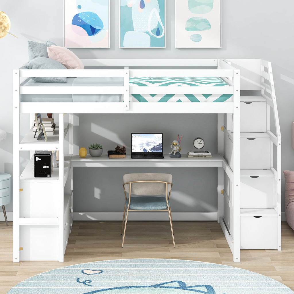 Loft Bed with Desk and Storage Staircase - Full or Twin, White or Gray