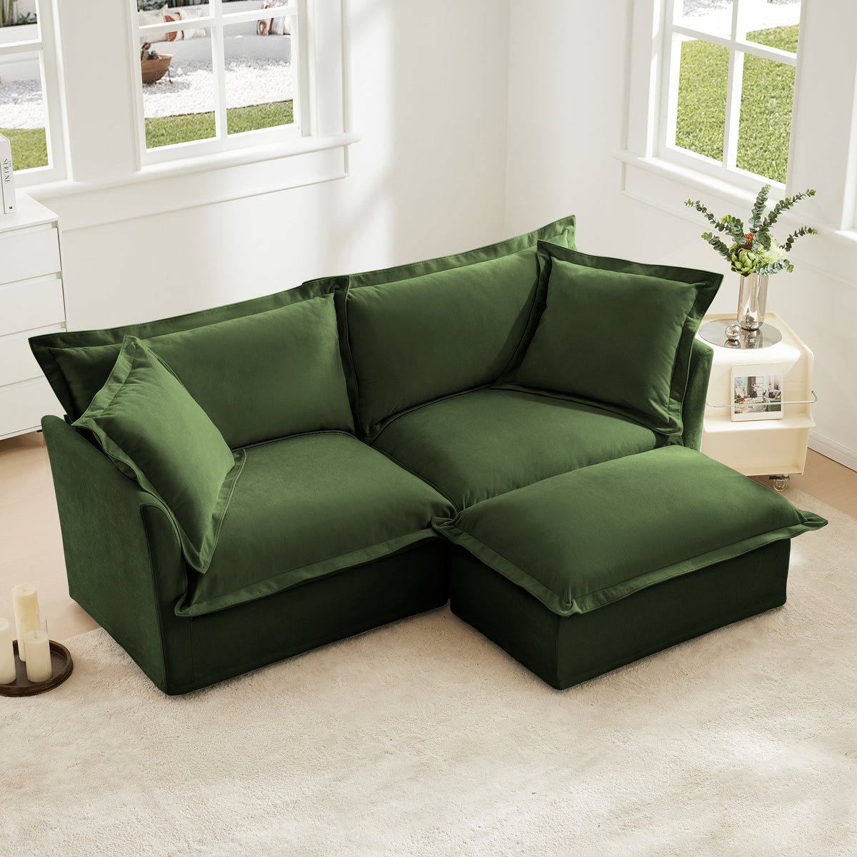 Slipcovered Sectional 2 Seater Sofa with Convertible Ottoman