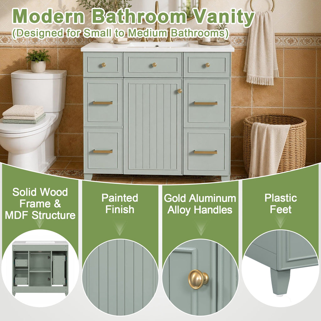 36" Green Bathroom Vanity with Ceramic Sink - Solid Wood Frame