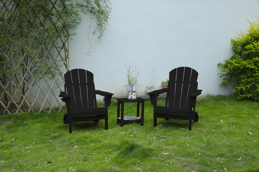 Folding Adirondack Chair with Side Table, 3-Piece Set - Black Wood Texture