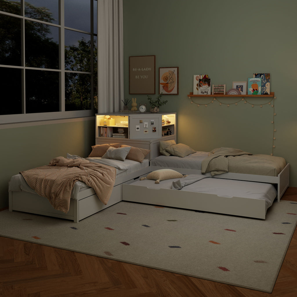 L-Shaped Bed Frame with Trundle, Desk & LED Lighting - Twin