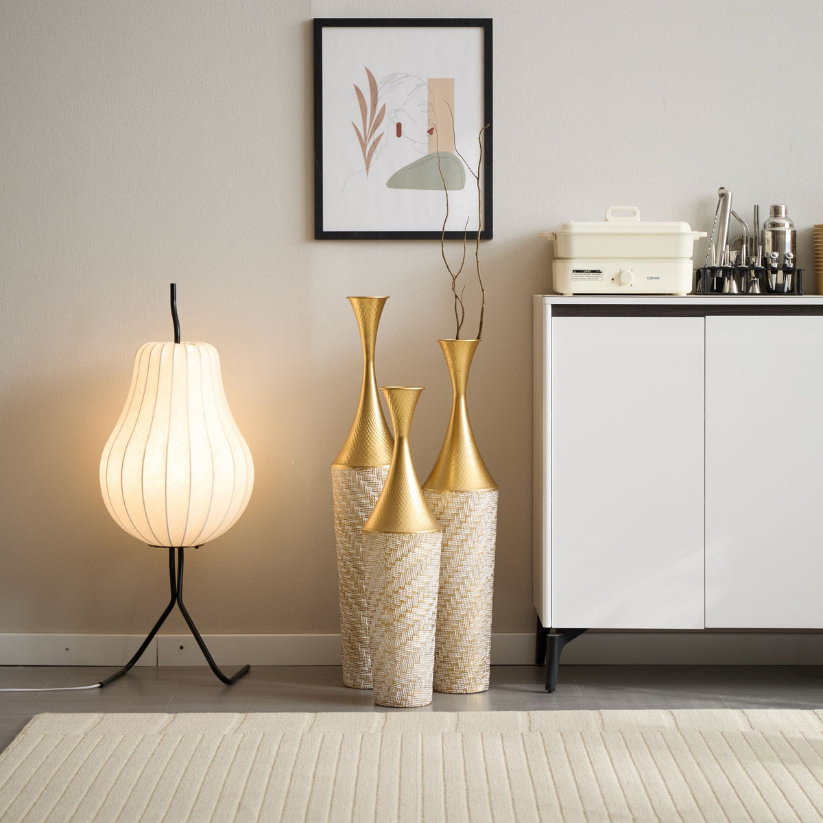Champagne Floor Metal Vase 3-Piece Set with Woven Pattern - Modern Style