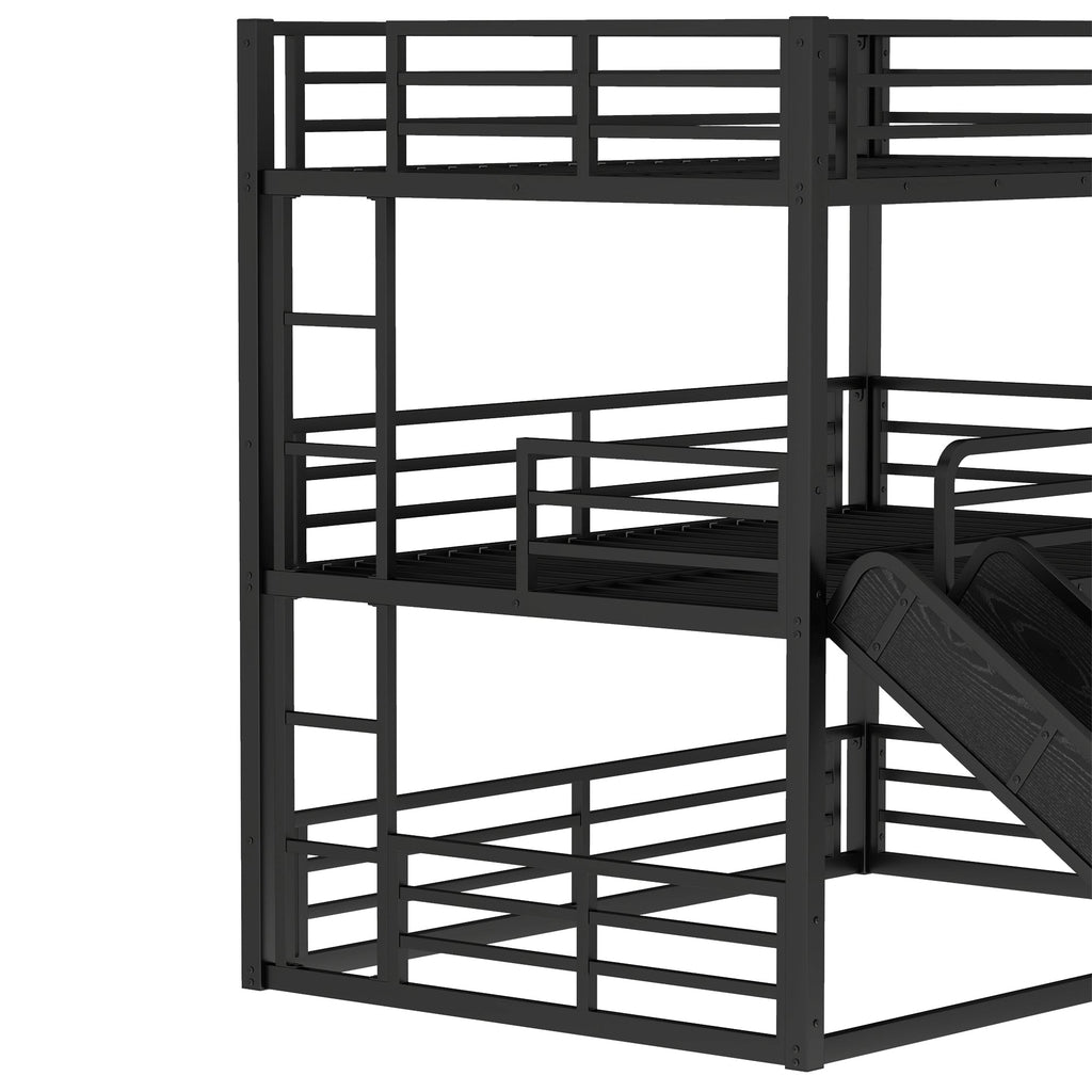 Full Over Full Over Full Bunk Bed with Slide and Guardrails - Metal