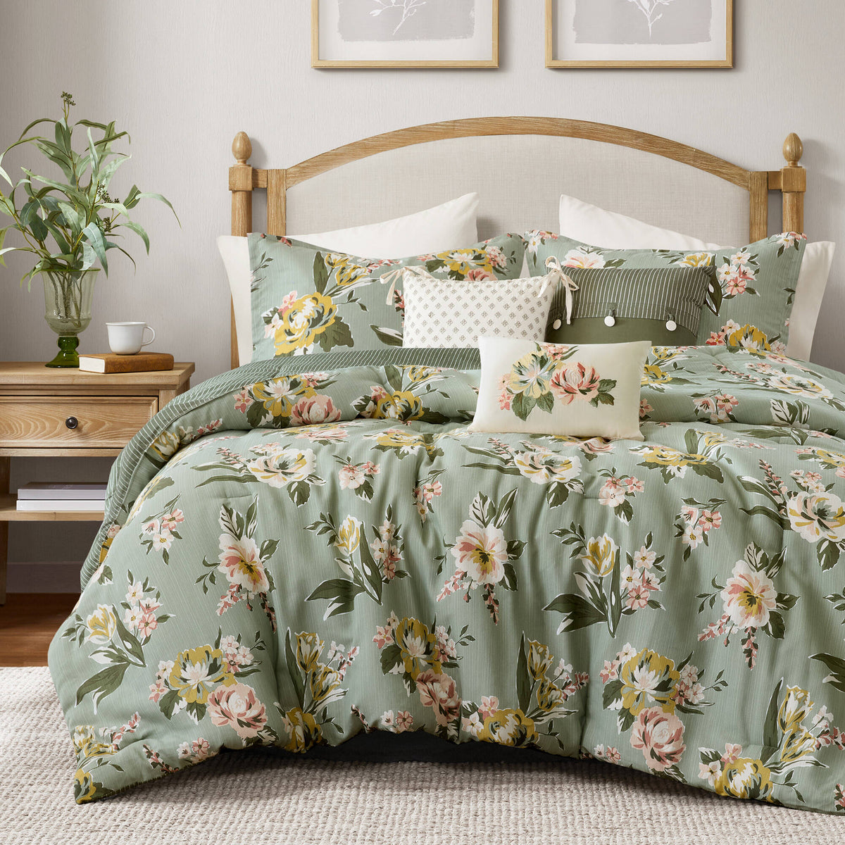 Cal King Floral Comforter Set with Cotton Blend - 7 Piece Set