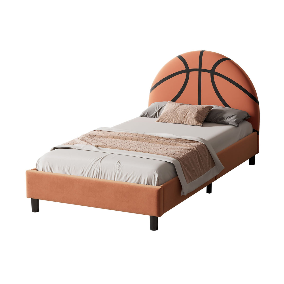 Basketball Design Upholstered Twin Platform Bed with Sport Style Headboard - Orange