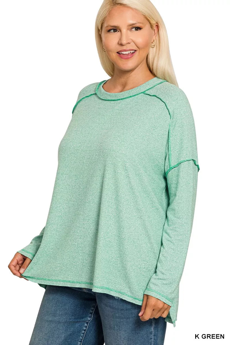 Zenana Full Size Melange Hacci Exposed Seam Hi-low Tee Plus Size