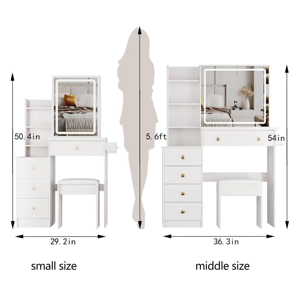 White Vanity Set with USB Power Station and Cushioned Stool