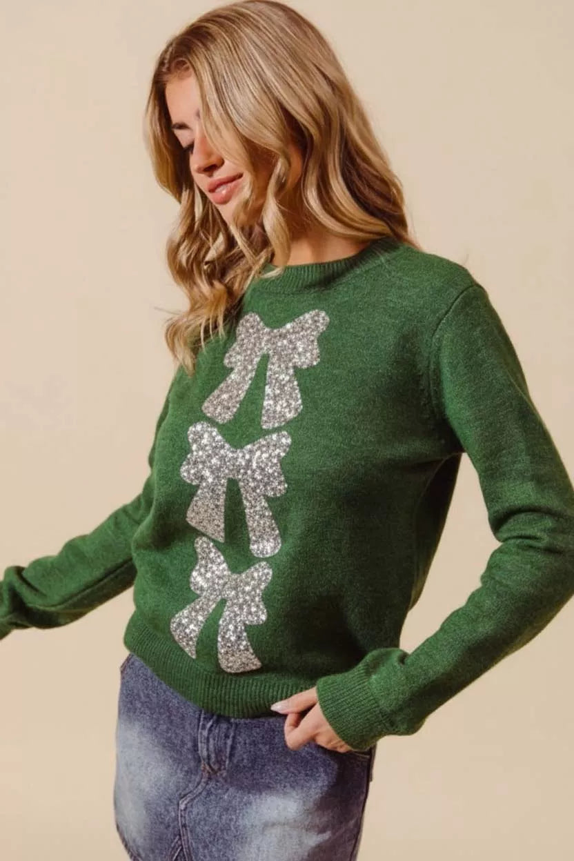 SO ME Sequins Bow Ribbon Embellished Christmas Sweater