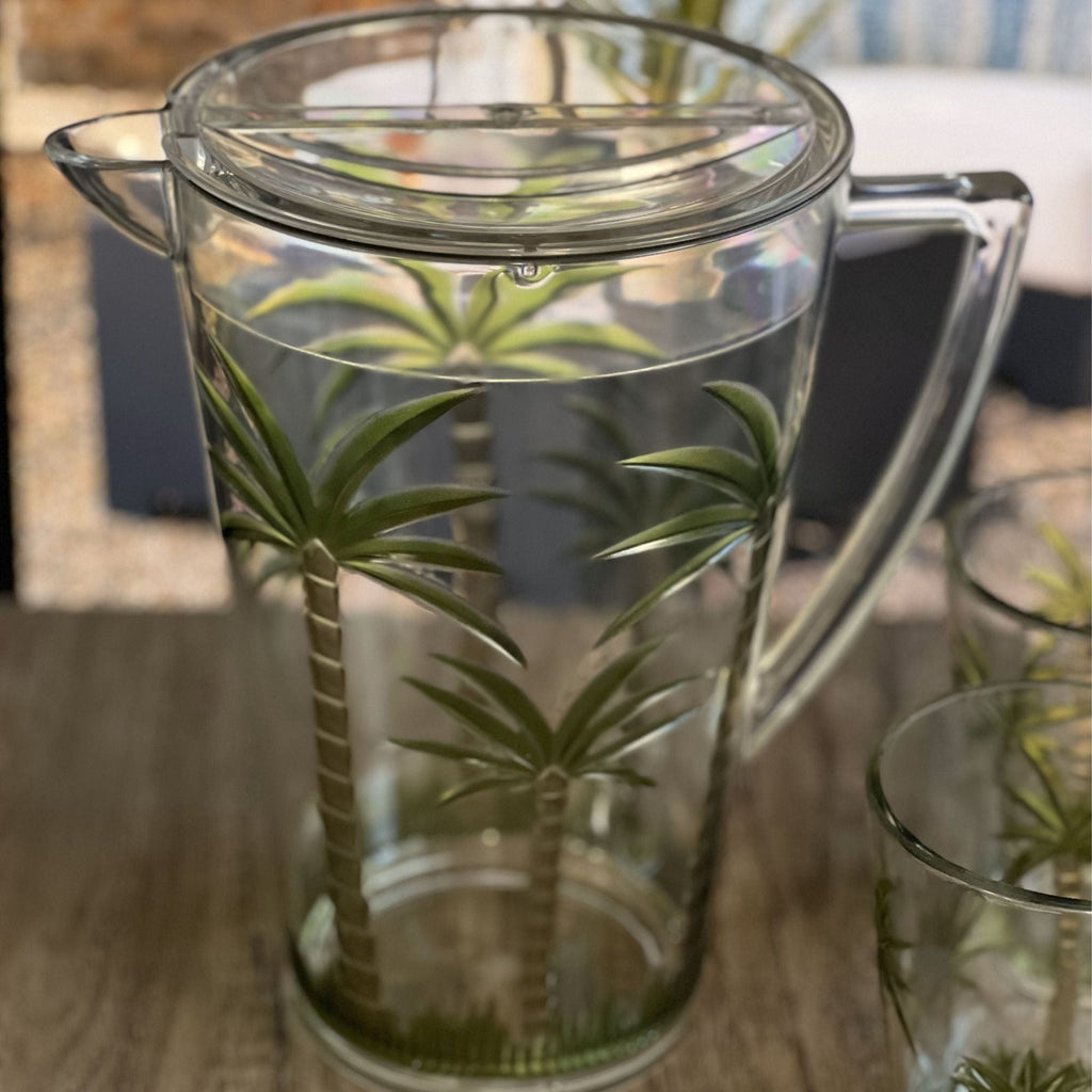 Unbreakable Plastic Water Pitcher With Lid, Palm Tree Design - Clear