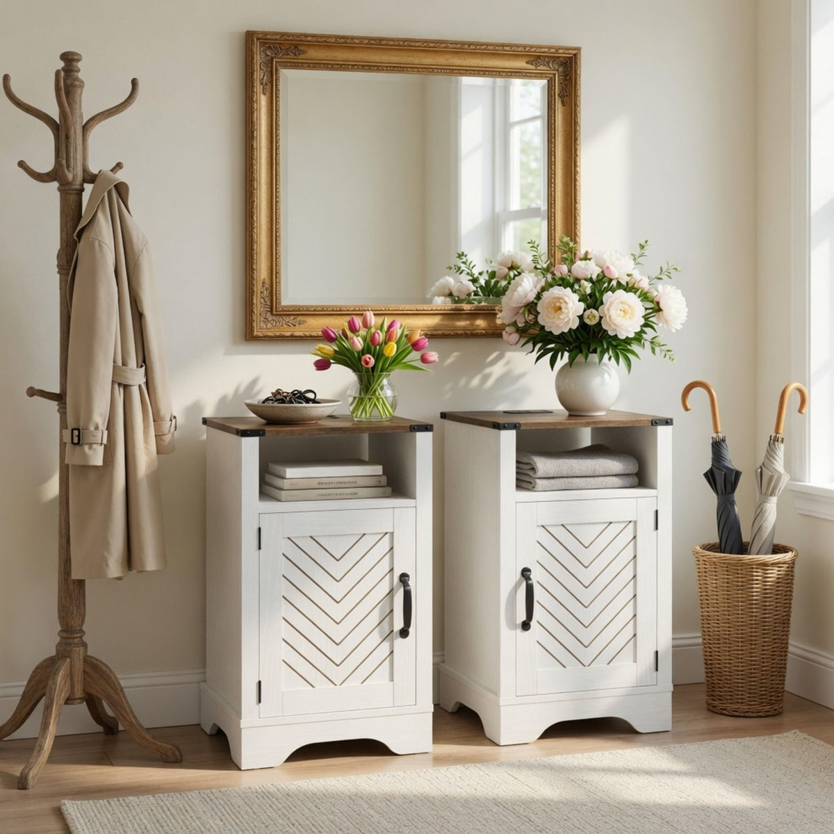 Farmhouse Nightstand with Charging Station & Storage - White