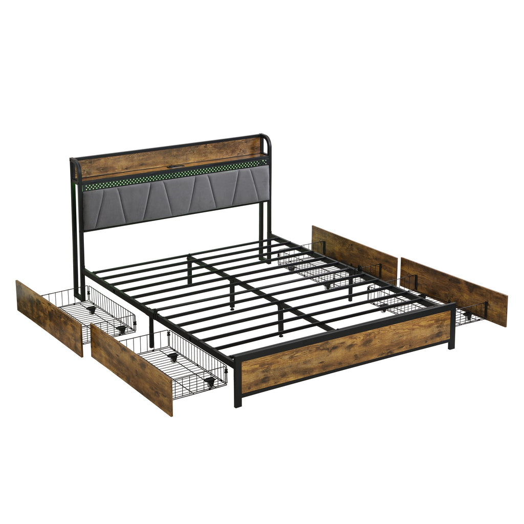 Modern Platform Bed Frame with LED Lights and USB Charging - Dark Brown or Light Brown