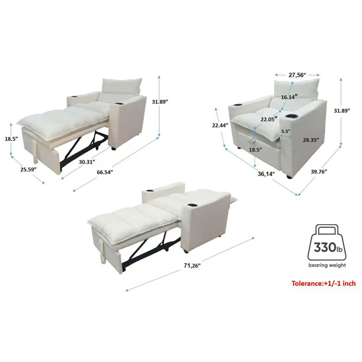 Convertible Sleeper Sofa Chair Bed with 3-in-1 Design - Lychee Velvet