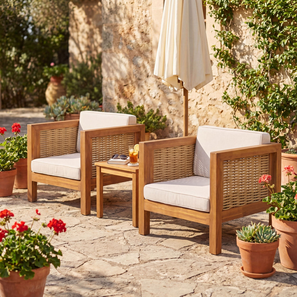 Outdoor Club Chair with Wicker Armrest - Beige