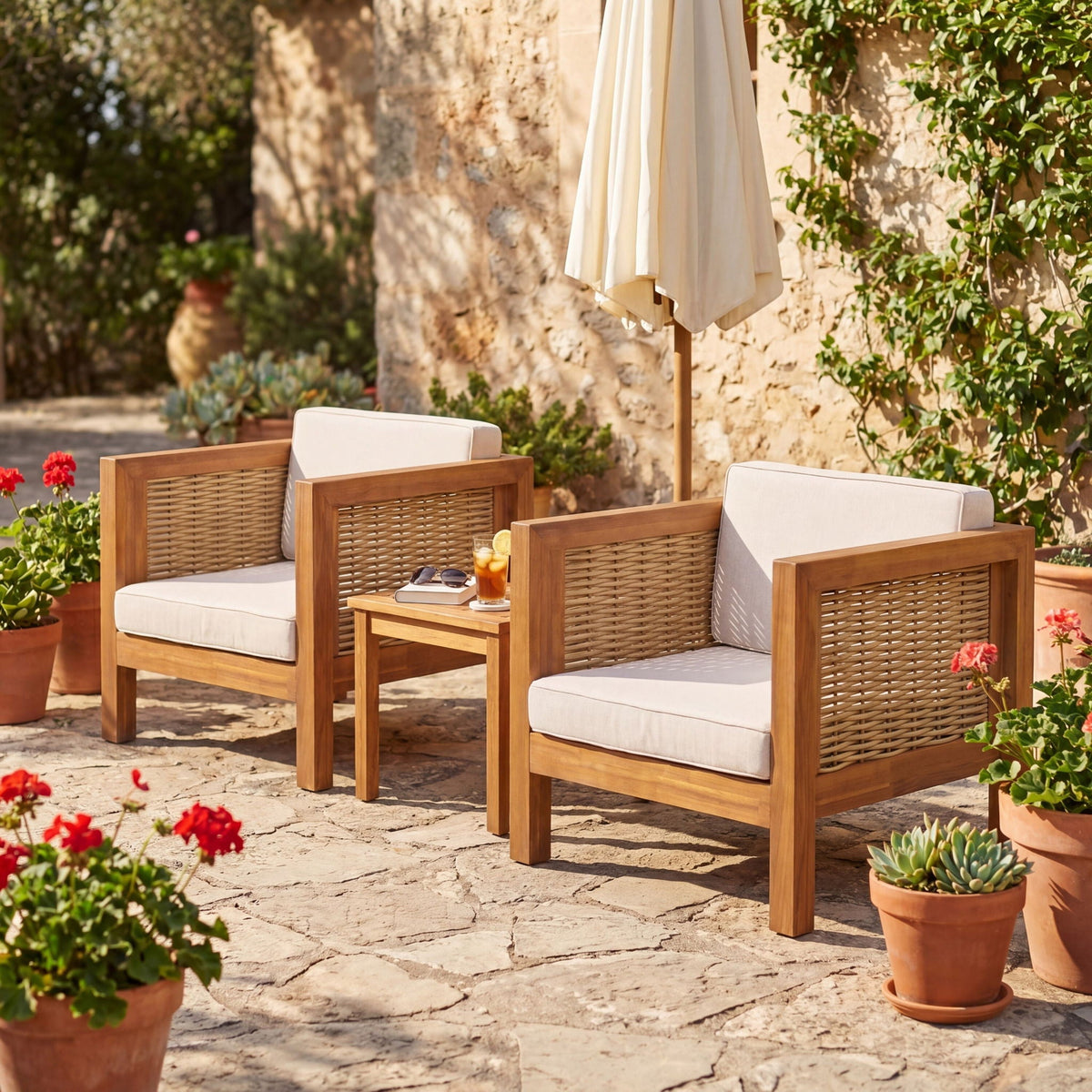 Outdoor Club Chair with Wicker Armrest - Beige