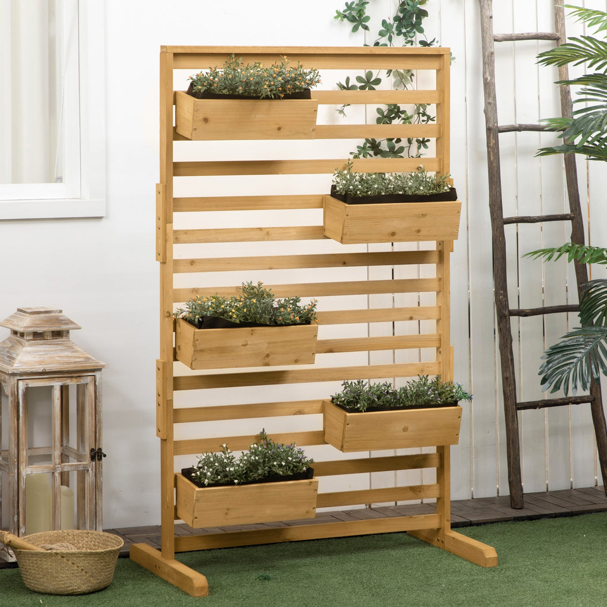 Wooden Plant Trellis Stand with 5 Planter Boxes - Natural Fir
