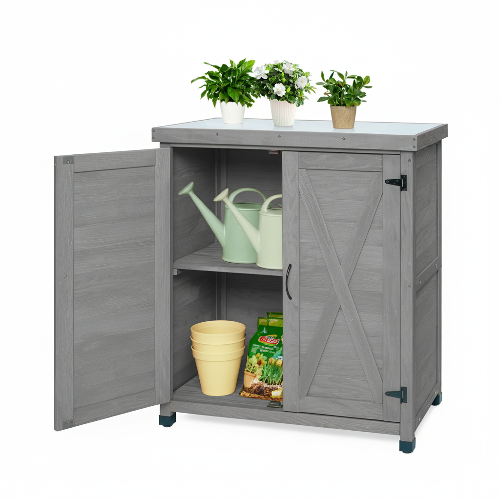 Potting Bench with Metal Top and Storage Cabinet - Solid Wood