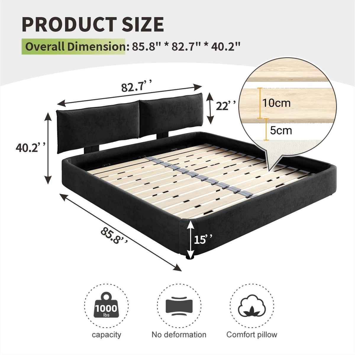 Cloud Bed Frame with Oversized Padded Movable Headboard - King