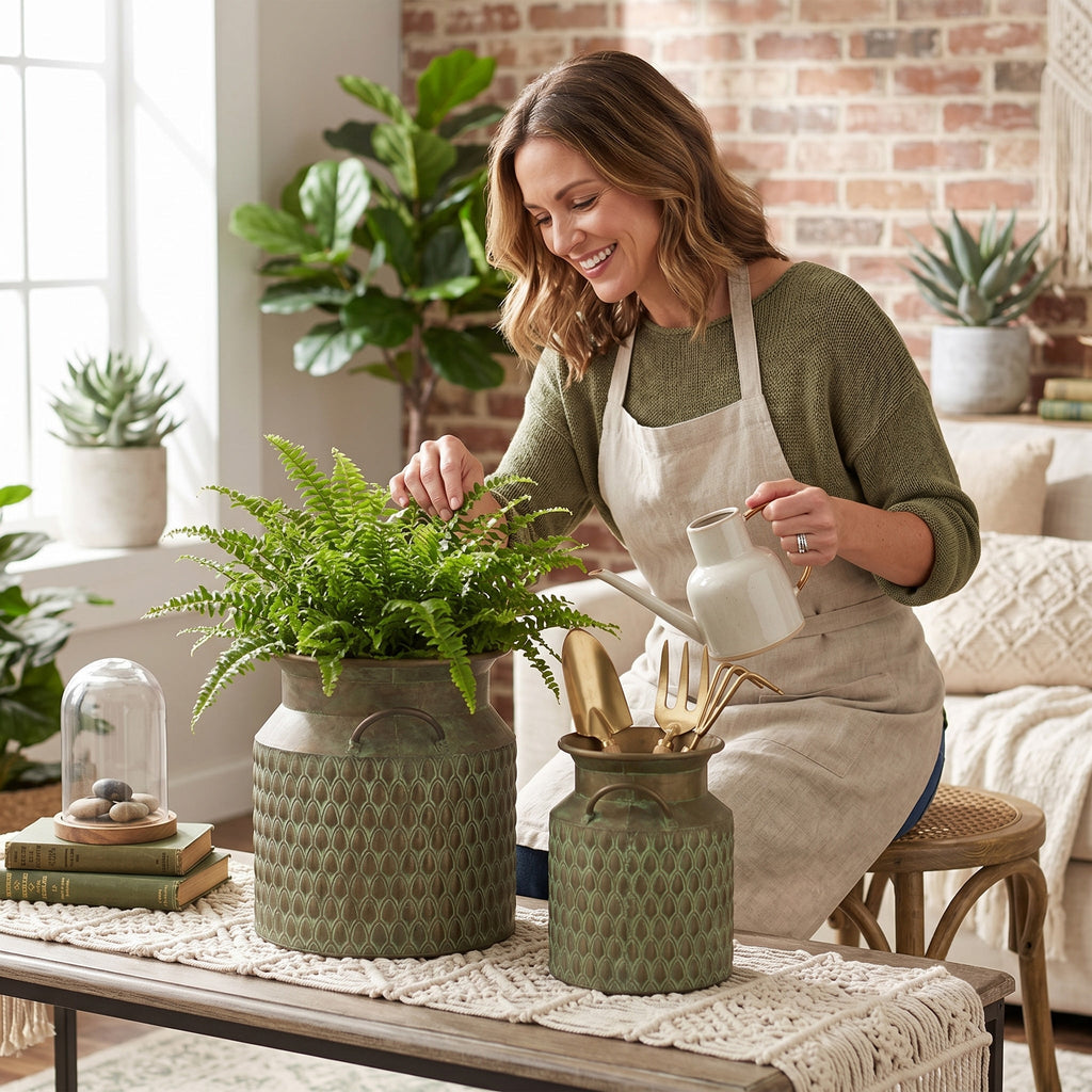 Iron Milk Jug Planters with Textured Green Finish – Set of 2