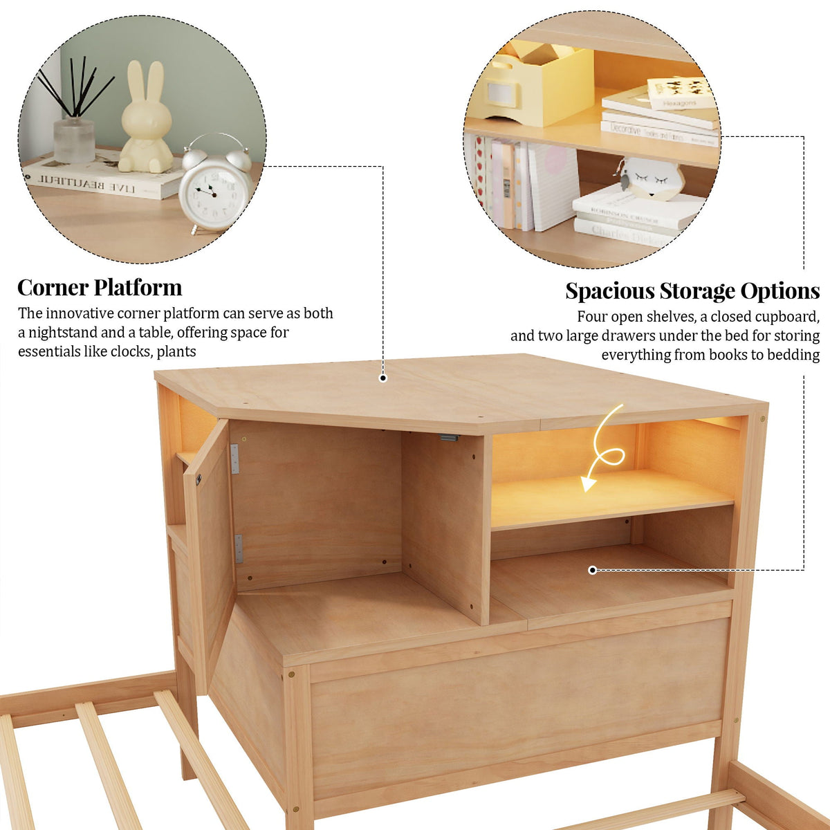 L-Shaped Bed Frame with Trundle, Desk & LED Lighting - Twin