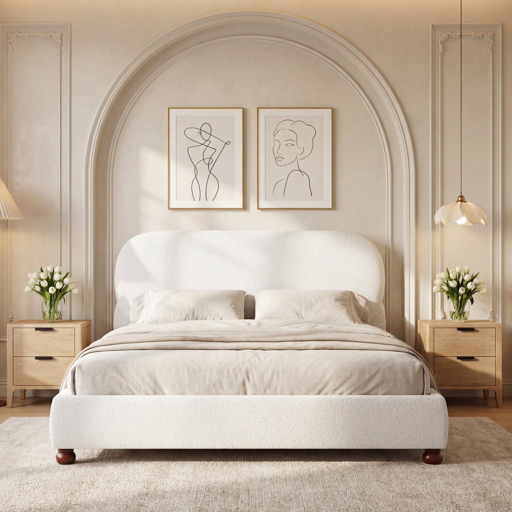 Cream Boucle Upholstered Queen Bed with Rubber Wood Foot