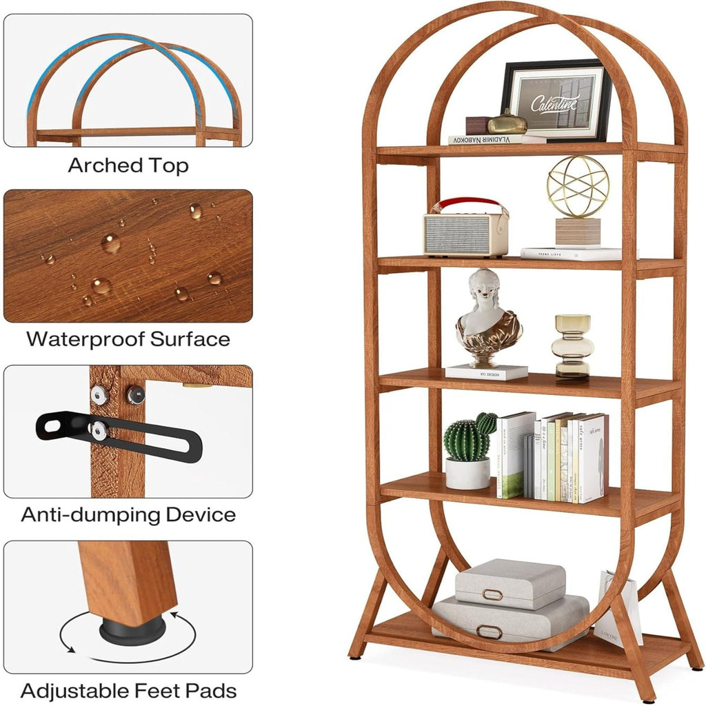 Arched 5 Tier Open Bookshelf with Modern Arch - Brown