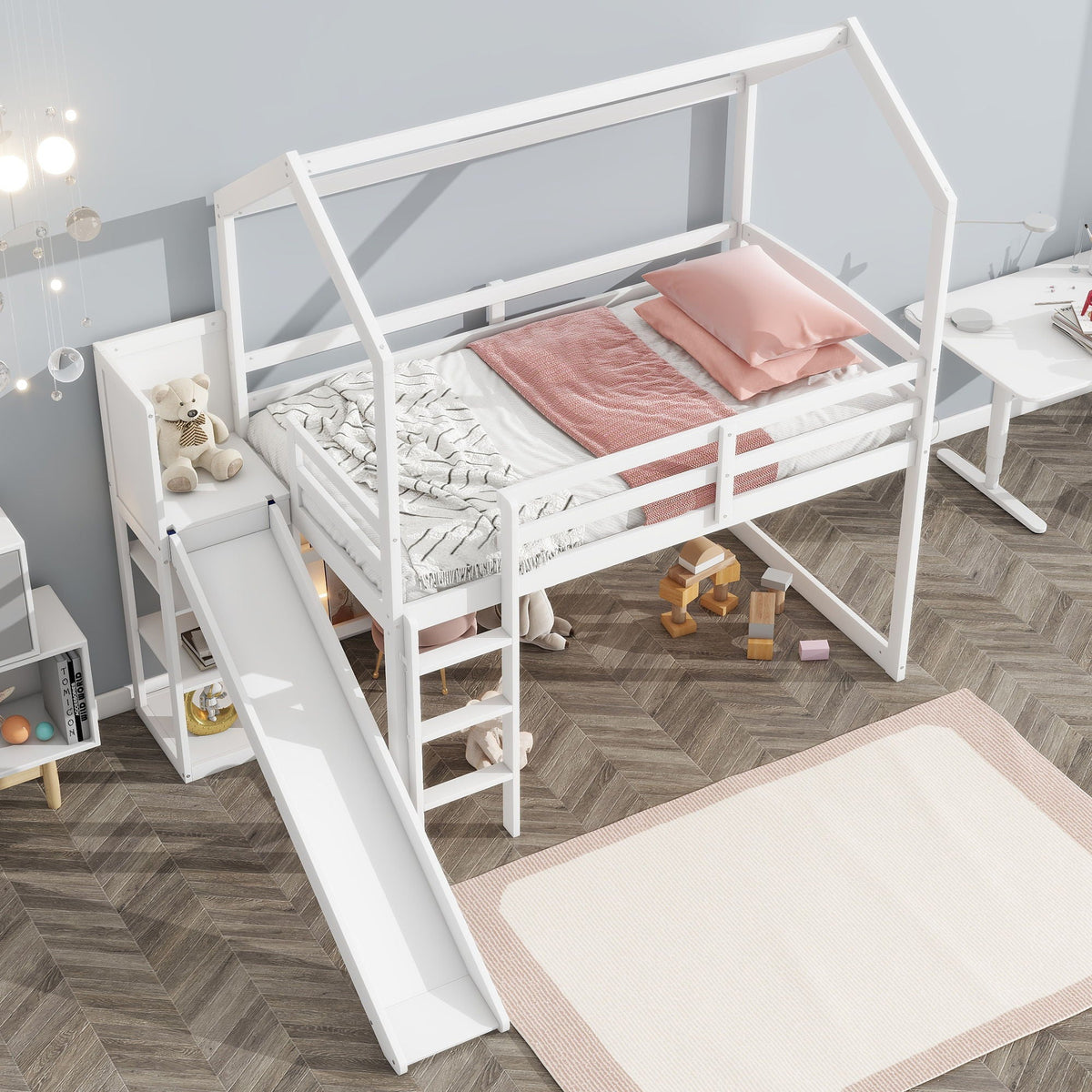 House Loft Bed with Slide and Storage Shelves - Twin with Light