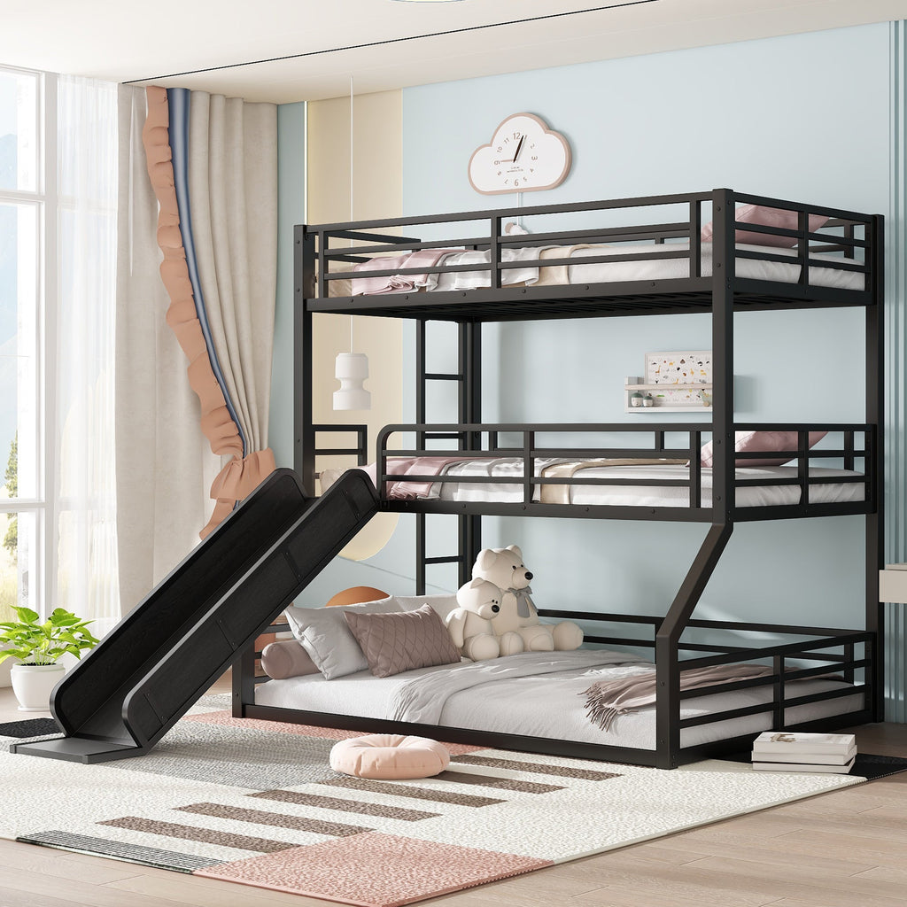 Twin Over Twin Over Full Bunk Bed with Slide - Metal Frame