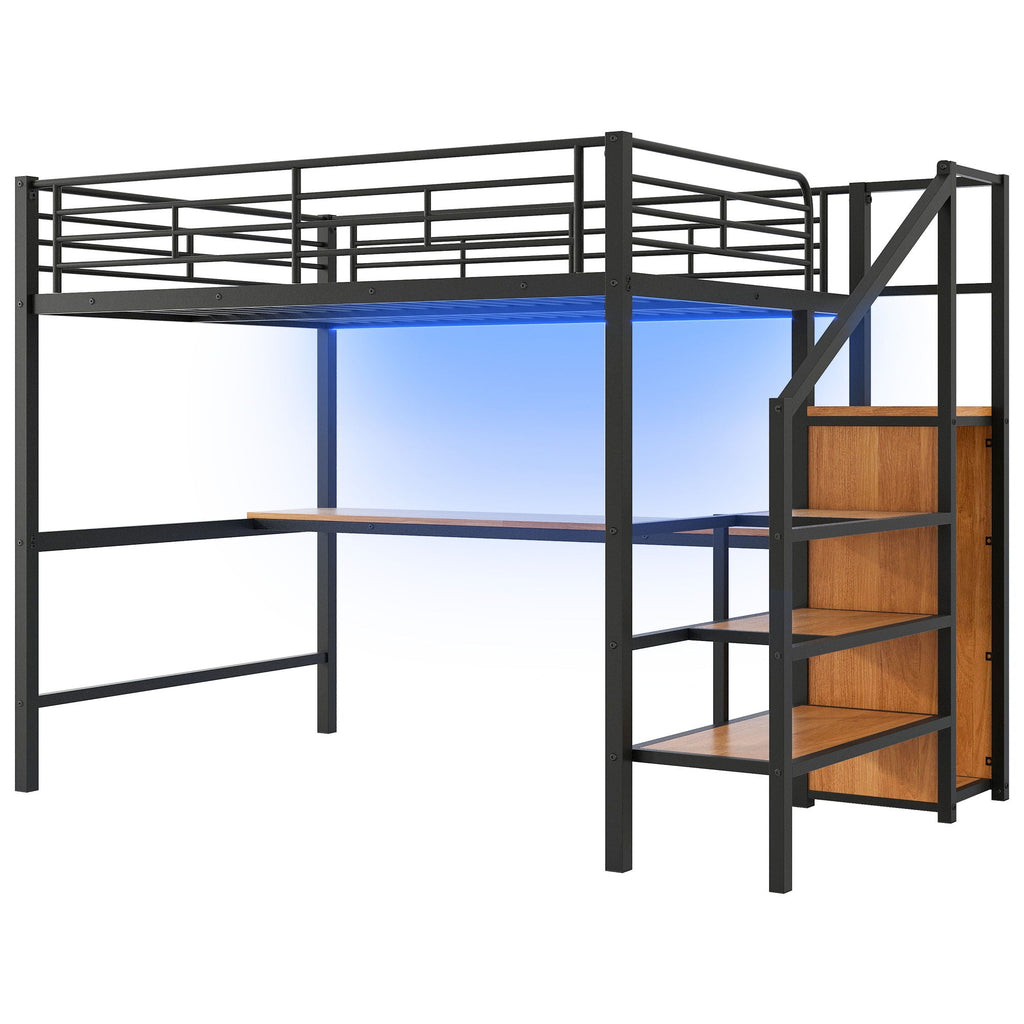 Full Size Loft Bed with Desk, Storage Staircase & Wardrobe - Black or White