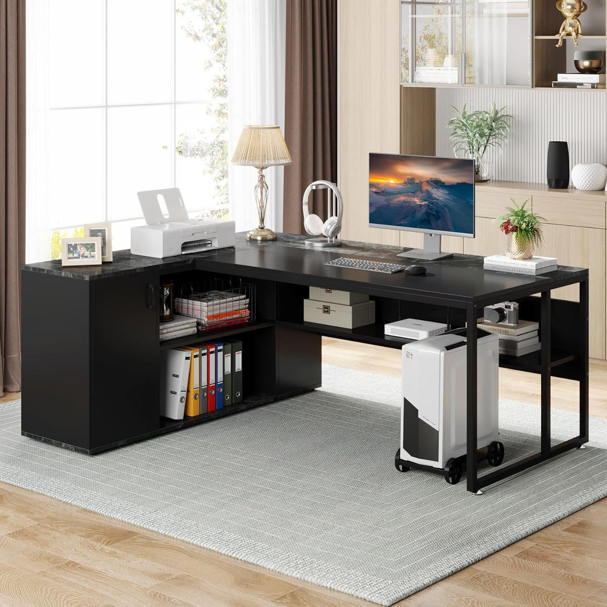 L-Shaped Executive Desk with Cabinet Storage - Dark Gray or Black
