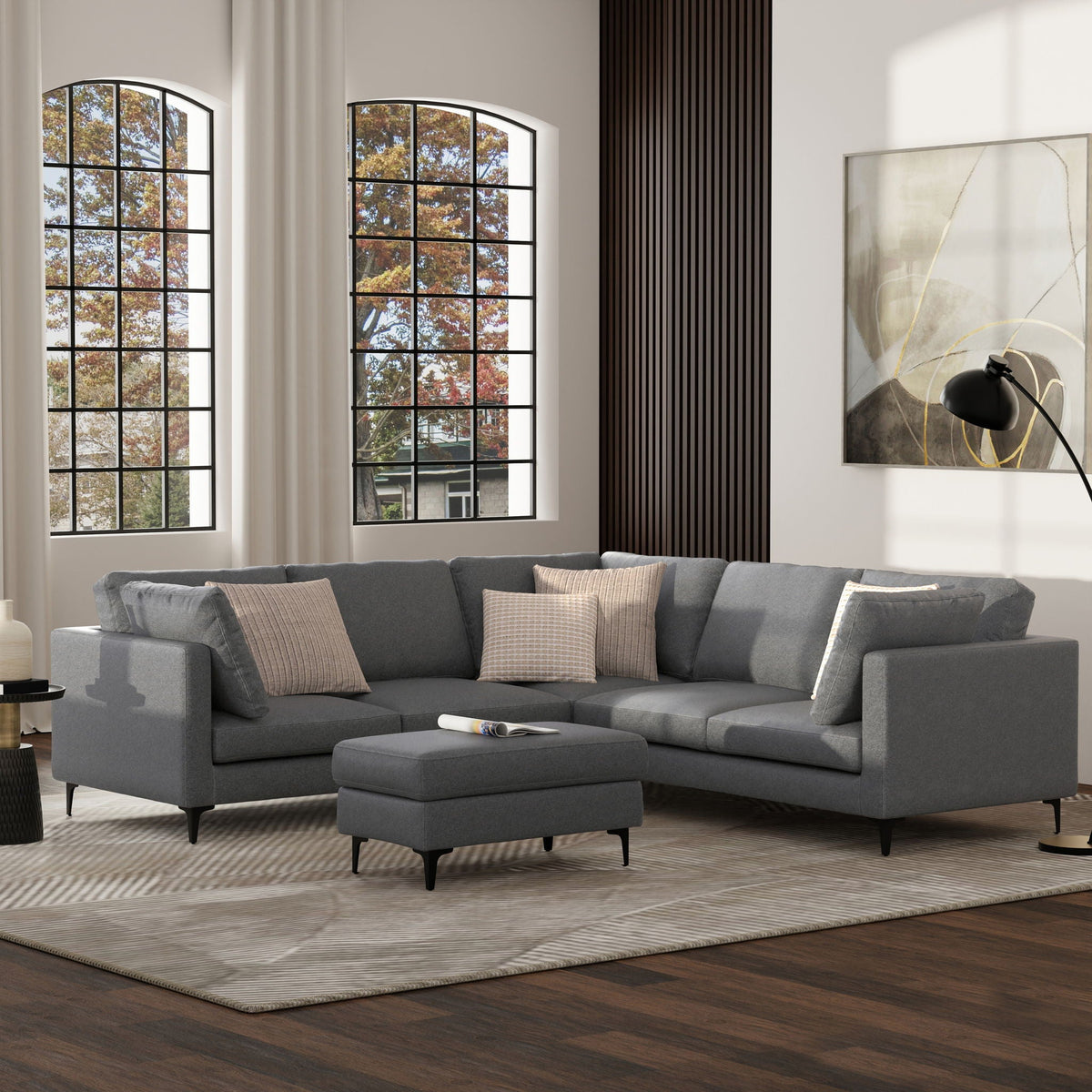 Mid Century Corner Sectional Sofa with Feather Cushions - Beige or Dark Gray