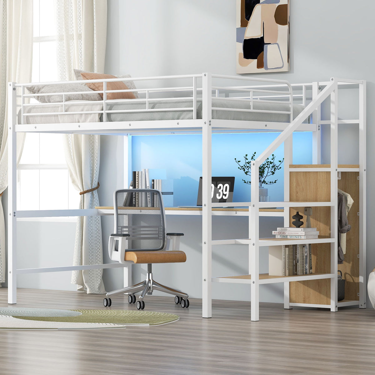 Full Size Loft Bed with Desk, Storage Staircase & Wardrobe - Black or White