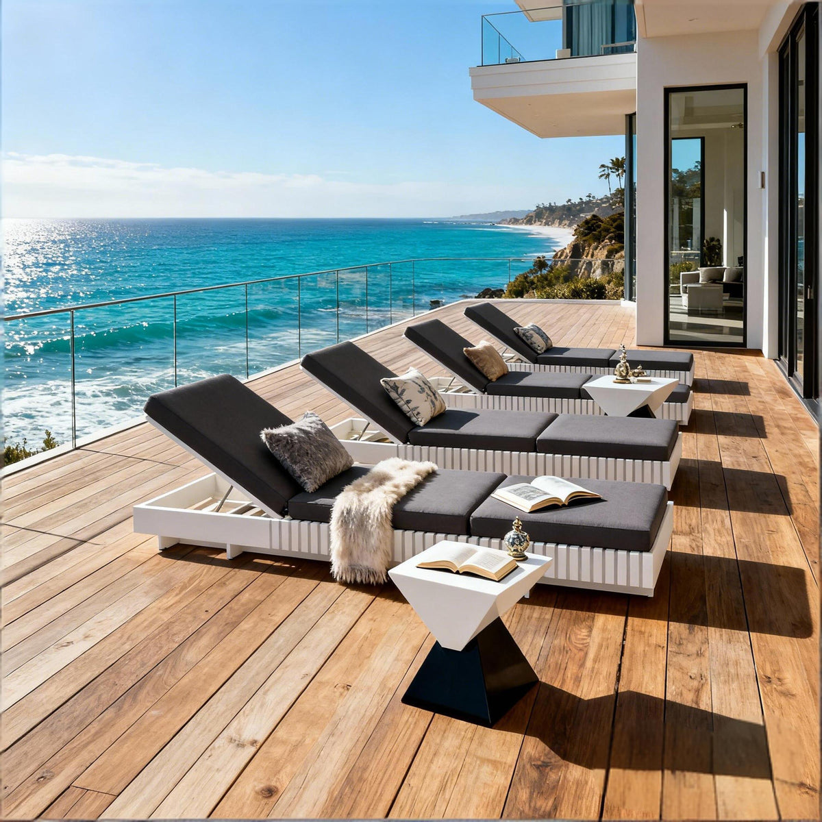 White Acacia Solid Wood Outdoor Chaise Lounge with Cushions - White