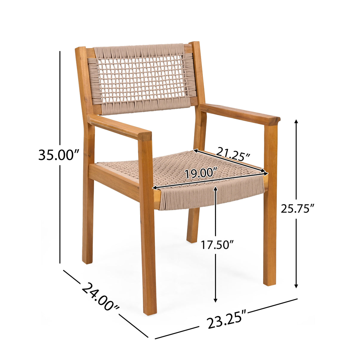 Braided Dining Chair Set of 2 with Acacia Wood & Rope - Light Brown
