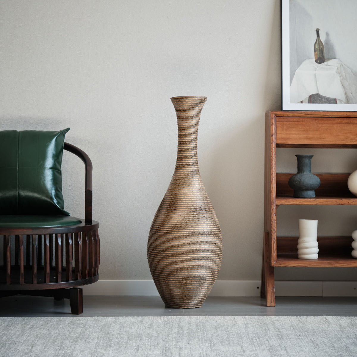Tall Artificial Rattan Floor Vase with Artistic Design - Beige / Gray